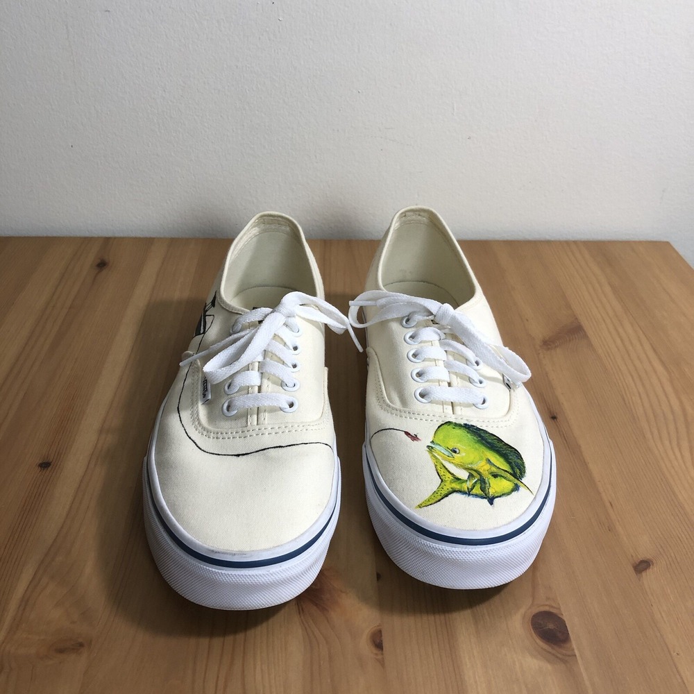 Vans Fishing Boating Custom Sneaker Shoes Beige Multicolored Size US 10